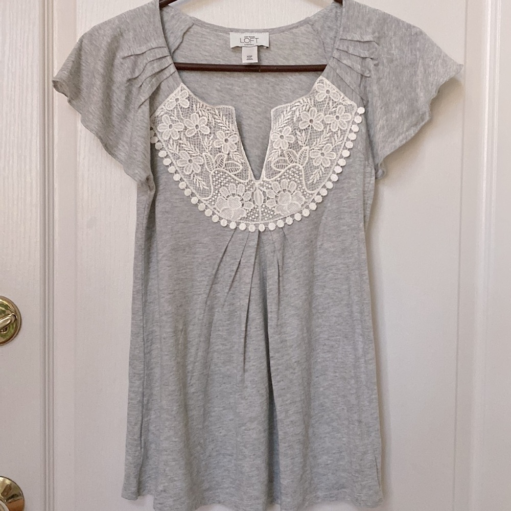 Loft Split Neck Lace Front Flutter Sleeves Top - image 2